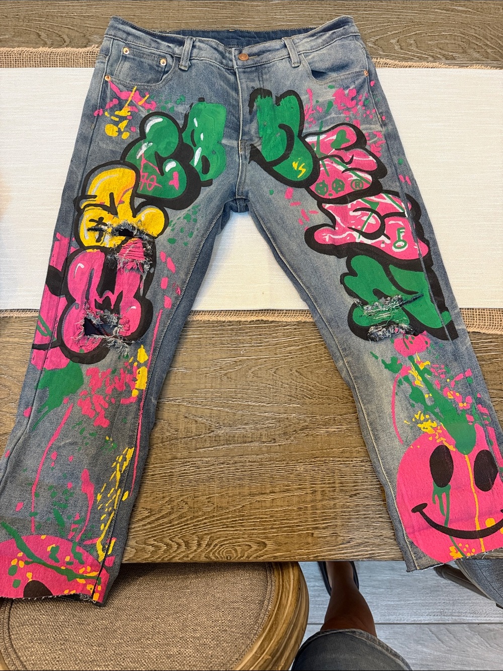 Men's/Womens Blue Denim Jeans with Pink & Green Graffiti Artwork